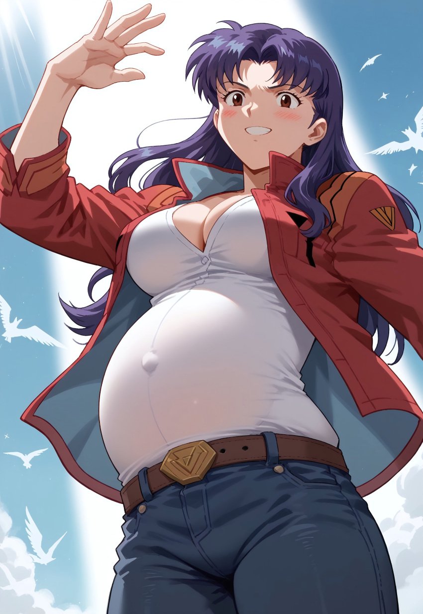 ai_generated early_pregnancy misato_katsuragi neon_genesis_evangelion pregnant pregnant_belly ready_to_pop red_jacket