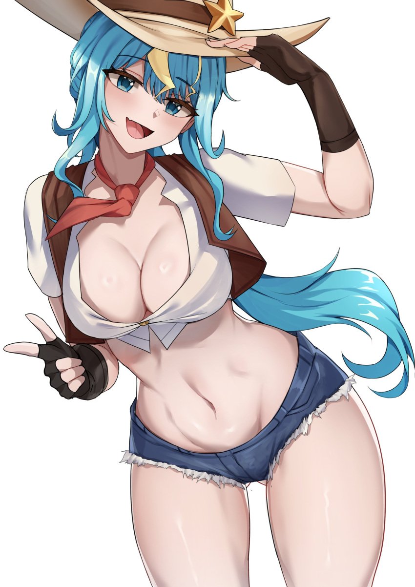 1girls blue_hair cleavage cowboy_hat cowgirl denim_shorts female hat kaminari_clara mchiefy phase_connect phase_connect_jp phase_kaleido side_ponytail thigh_gap virtual_youtuber wide_hips