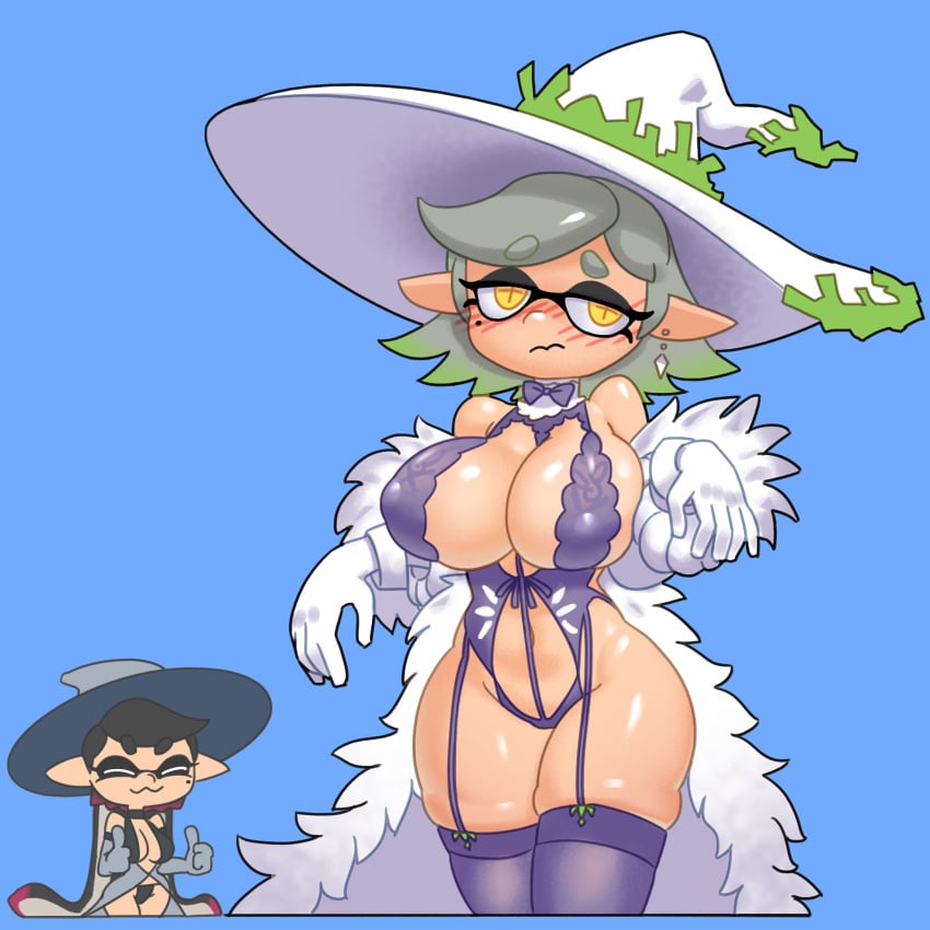 2girls breasts callie_(splatoon) earrings female female_focus female_only hat inkling inkling_girl light-skinned_female light_skin long_hair looking_at_viewer marie_(splatoon) minus8 nintendo pointy_ears splatoon squid_sisters tentacle_hair thick_thighs two_tone_hair witch_costume witch_hat