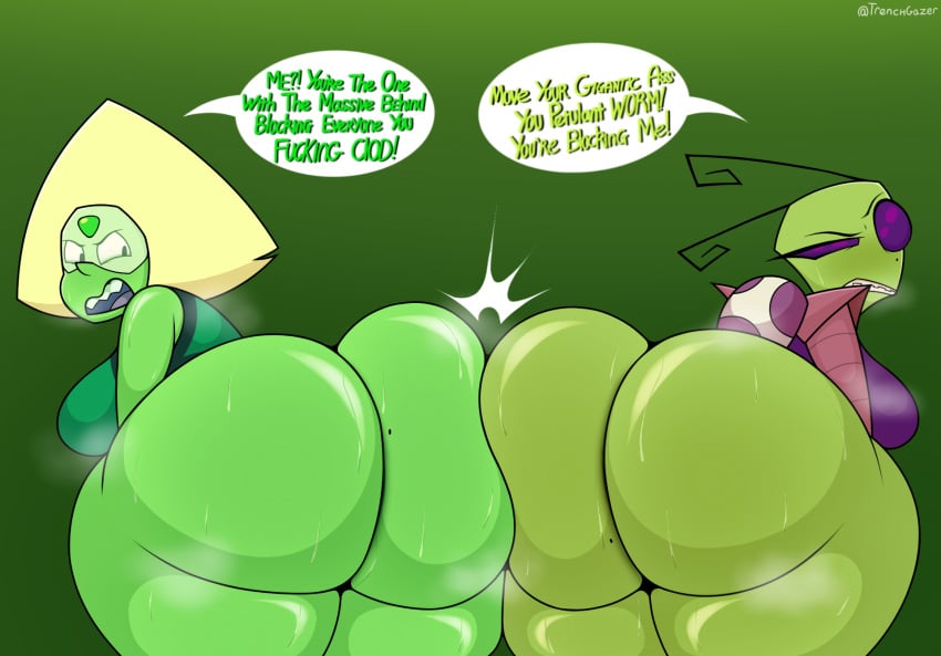 2girls alien alien_girl ass ass_to_ass big_ass bottom_heavy bottomless breasts bubble_butt cartoon_network crossover dat_ass dialogue dumptruck_ass fat_ass female female_only gem_(species) green_skin huge_ass invader_zim irken large_ass massive_ass musk musk_clouds nickelodeon peridot_(steven_universe) png shortstack steven_universe sweat sweaty_ass tak_(invader_zim) text thick_ass thick_thighs trenchgazer visor warner_bros warner_brothers wide_hips