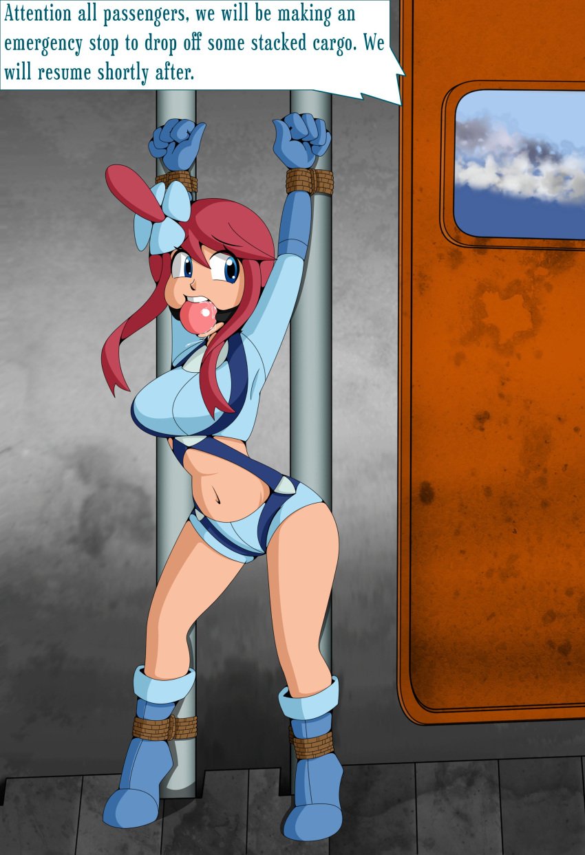 ball_gag big_breasts bondage color gag gagged hair_ornament kidnapped pokemon pokemon_bw raya100 red_hair skyla_(pokemon)