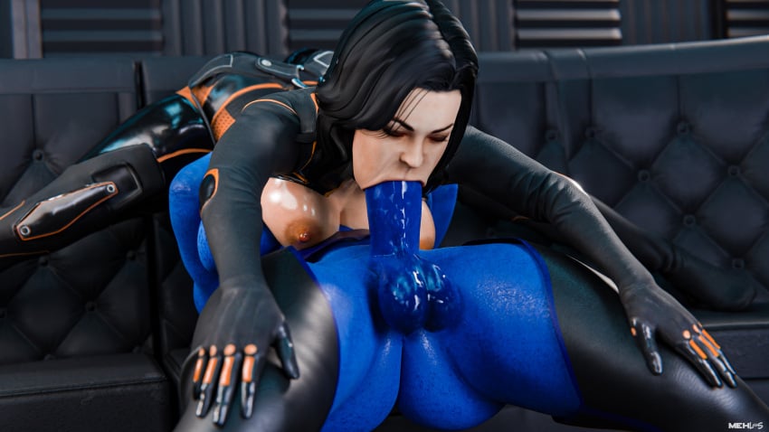 3d 4k alien alien_girl asari asari_futanari blue_skin clothing dark_hair fellatio female female_focus futa_on_female futadom futanari hi_res light_skin mass_effect mehlabs miranda_lawson voluptuous