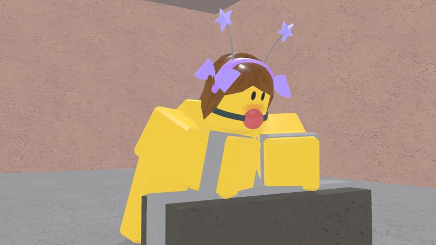 1girls 3d ball_gag blocky_body bloxzrd blush brown_hair female gagged restrained restrained_arms restraints roblox roblox_avatar robloxian tagme yellow_body yellow_skin