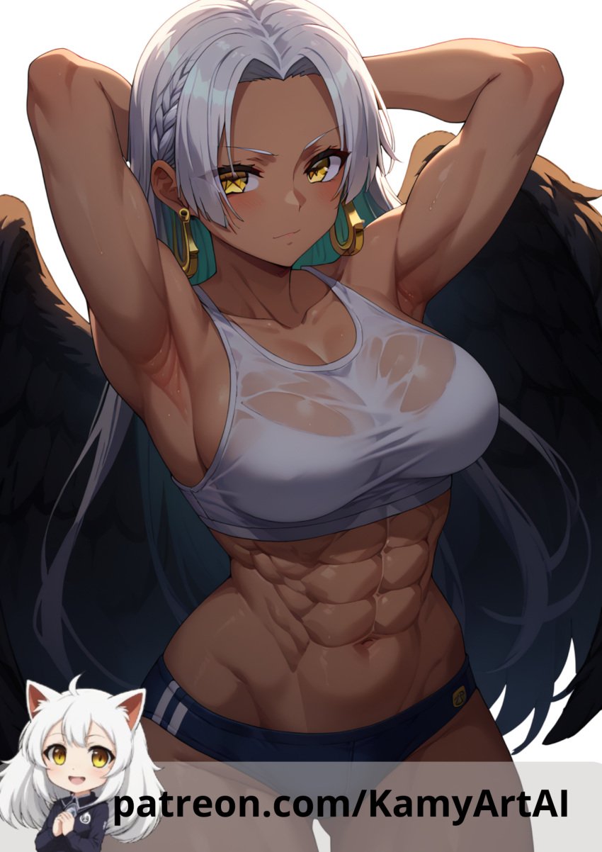 abs ai_generated armpit_fetish armpits black_wings breasts brown_body brown_skin buruma female female_only kamyartai muscular_female one_piece patreon patreon_username s-snake_(one_piece) seraphim_(one_piece) sweat sweaty_body white_hair wings yellow_eyes