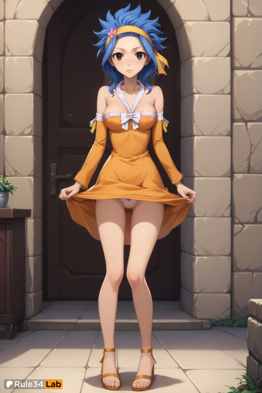 1girls ai_generated anime_girl anime_style artist_name ass_visible_through_thighs bare_legs bare_shoulders blue_hair blush bow bow_panties breasts brown_eyes brown_footwear cleavage closed_mouth clothes_lift collarbone detached_sleeves dress dress_lift fairy_tail flower full_body hair_flower hair_ornament hairband halterneck headband hi_res indoors legs levy_mcgarden lifted_by_self long_sleeves looking_at_viewer medium_breasts orange_dress orange_footwear panties parted_lips pink_flower ribbon rule34lab sandals short_dress short_hair solo standing thigh_gap toenails toes underwear white_bow white_panties white_ribbon yellow_flower