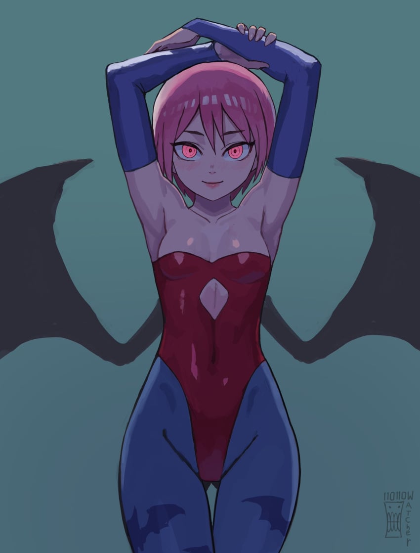 1girls armpits arms_up artist_request ass_visible_through_thighs darkstalkers front_view lilith_aensland looking_at_viewer short_hair simple_background small_breasts smiling thigh_gap wings