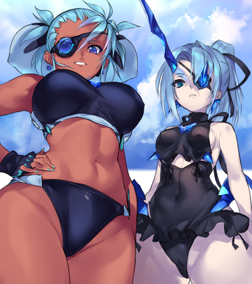 2girls abs big_breasts bikini blue_eyes blue_hair dark-skinned_female dark_skin eye_patch hand_on_hip looking_down muscular_female negresco nipple_bulge ponytail praxis_(xenoblade) swimsuit theory_(xenoblade) xenoblade_(series) xenoblade_chronicles_2