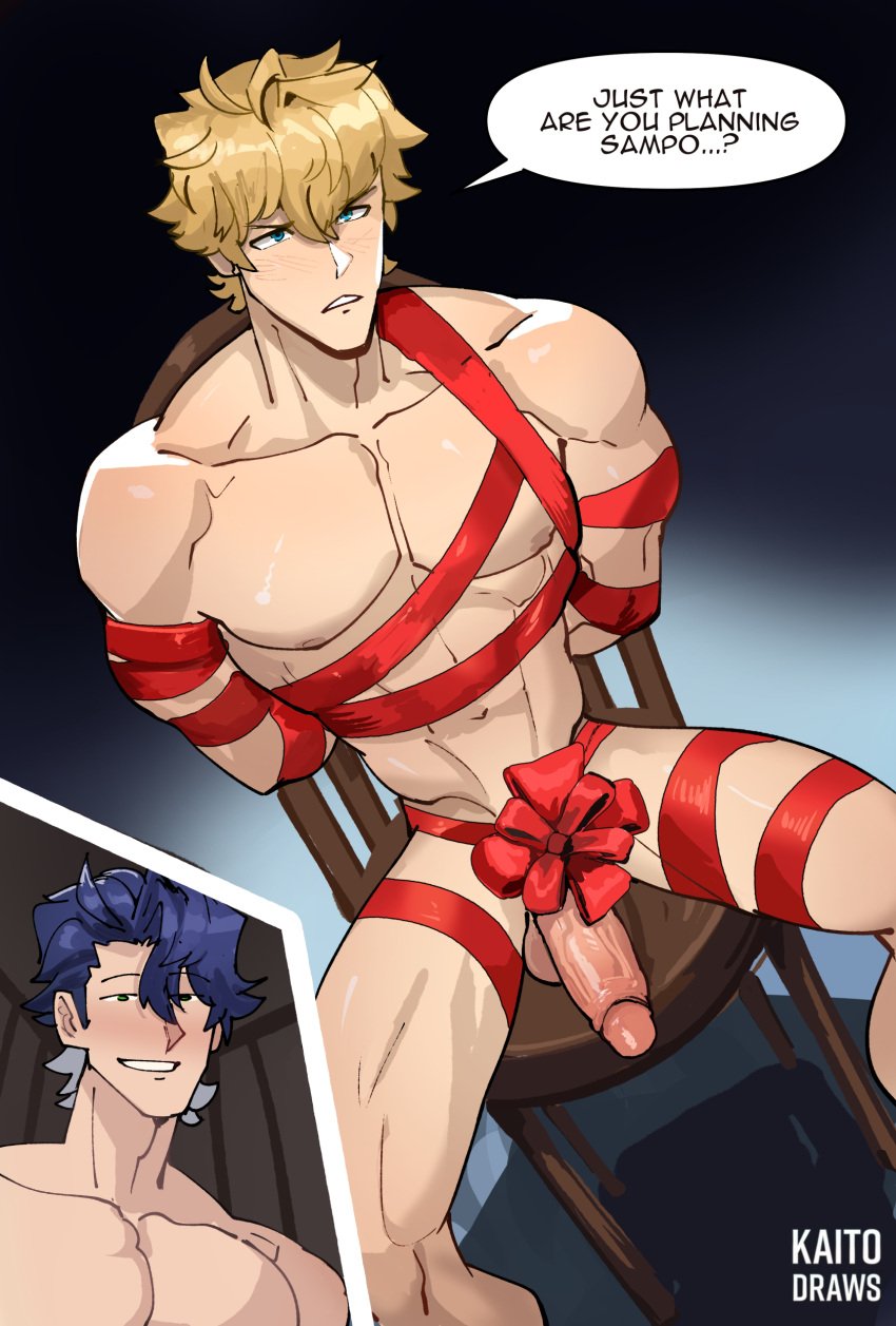 big_pecs blonde_hair blue_eyes blue_hair blush chair chair_bondage dialogue gay gepard_(honkai:_star_rail) green_eyes honkai:_star_rail hoyoverse kaito_draws male male_only nude nude_male ribbon ribbon_bondage sampo_(honkai_star_rail)