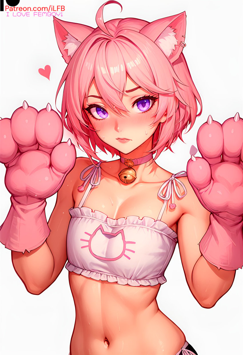 1boy ai_generated bra cat_ears cat_paws cat_tail choker choker_bell femboy flat_chest ilfb looking_at_viewer pink_hair purple_eyes solo standing trap