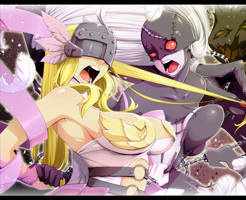 2girls angel_and_devil angewomon armor bare_shoulders belt blonde_hair breastplate breasts catfight chains claws cleavage covered_eyes demon_girl digimon digimon_(creature) digimon_adventure feathered_wings feathers gloves grabbing_another&#039;s_hair helmet ladydevimon large_breasts long_hair mask materclaws multiple_girls open_mouth pale_skin rage_face red_eyes silver_hair single_glove torn_clothes winged_helmet wings