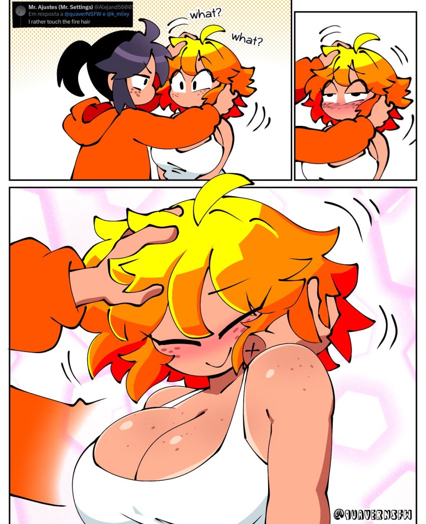 1boy 1boy1girl big_ass big_breasts blonde_hair dialogue female female_focus freckles headpat humanoid luana_(quaver) mango_quaver_(female) orange_hair quavernsfw tan_body tan_skin tan_skinned_female thick_thighs wholesome