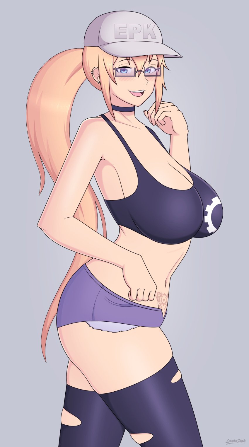 alternate_version_available blonde_female blonde_hair blue_eyes ear_piercing female_focus female_only glasses hat human human_female lackatask ponytail shorts tank_top tanya_(extheman) tattoo