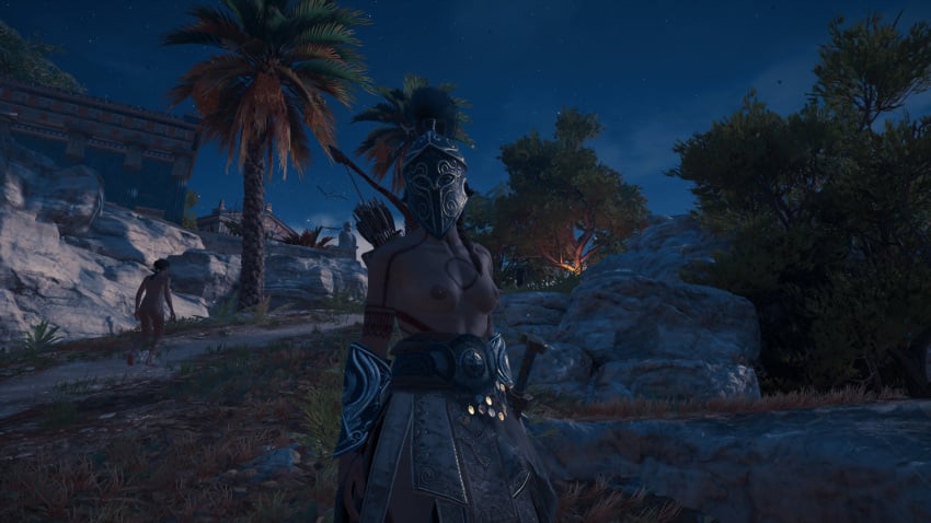 16:9 assassin's_creed_odyssey female female_focus female_only helmet helmet_covering_face kassandra partially_nude screenshot