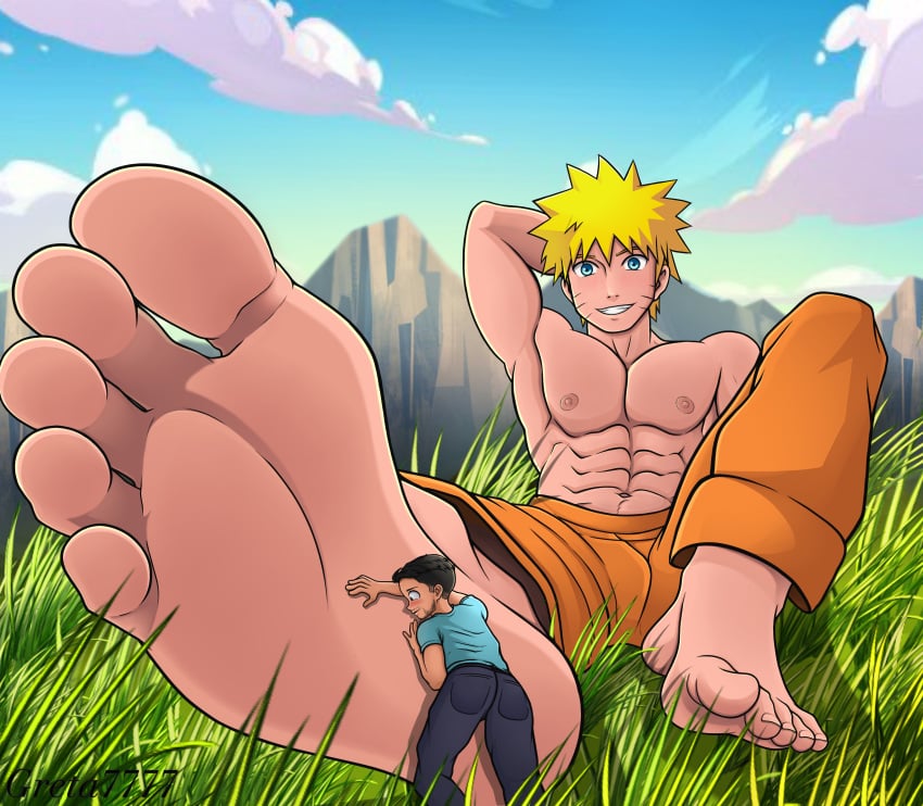 2022 2boys abs arm_behind_head black_hair blonde_hair blue_eyes blush feet foot_fetish greta7777 macrophilia male_feet male_foot_fetish male_only naruto nipples outside shirtless shirtless_male uzumaki_naruto