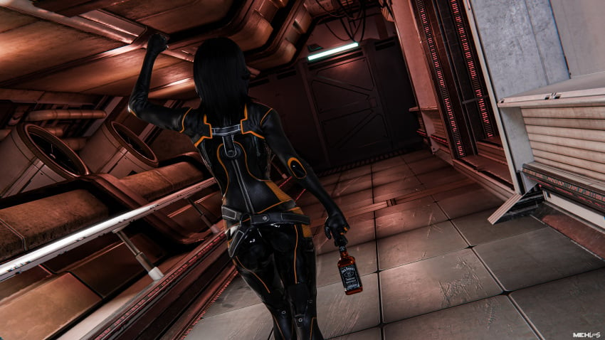 16:9 1girls 3d 4k alcohol arm_up artist_name bioware black_hair bodysuit clothing dark_hair female female_only from_behind hi_res indoors jack_daniel's light_skin mass_effect mass_effect_2 mehlabs miranda_lawson official_alternate_costume solo standing voluptuous