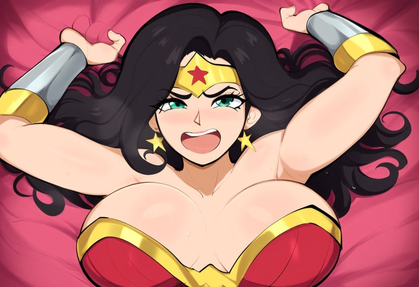 2024 2d 2d_(artwork) ai_generated amazon amazonian black_hair close-up dc dc_comics diana_prince female green_eyes implied_sex large_breasts mullon novelai nude sex sheet_grab superheroine sweat wonder_woman wonder_woman_(series)