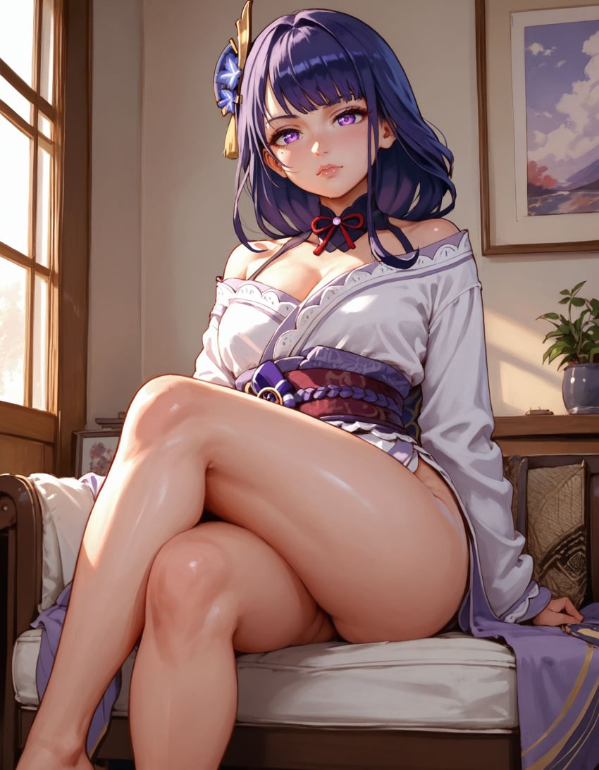 ai_generated beauty_mark breasts clothing crossed_legs female genshin_impact hair_ornament kimono legs light-skinned_female looking_at_viewer purple_eyes purple_hair raiden_shogun solo unoccupied