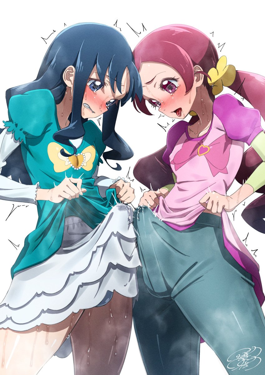 2girls absurdres ajula_wachula blue_eyes blue_hair blue_pants blue_shirt blush bulge clothes_lift commentary_request commission denim erection erection_under_clothes futa_with_futa futanari hanasaki_tsubomi heartcatch_precure! highres jeans kurumi_erika long_hair long_sleeves low_twintails multiple_girls pants penis penises_touching pink_shirt precure red_eyes red_hair shirt simple_background skeb_commission skirt skirt_lift standing sweat twintails white_background white_skirt