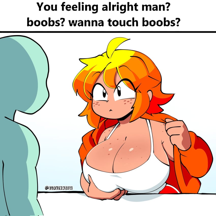 1boy 1boy1girl 1girl big_ass big_breasts blonde_hair boobs?_wanna_touch_boobs? dialogue female female_focus freckles humanoid large_breasts luana_(quaver) mango_quaver_(female) orange_hair quavernsfw tan_body tan_skin tan_skinned_female thick_thighs