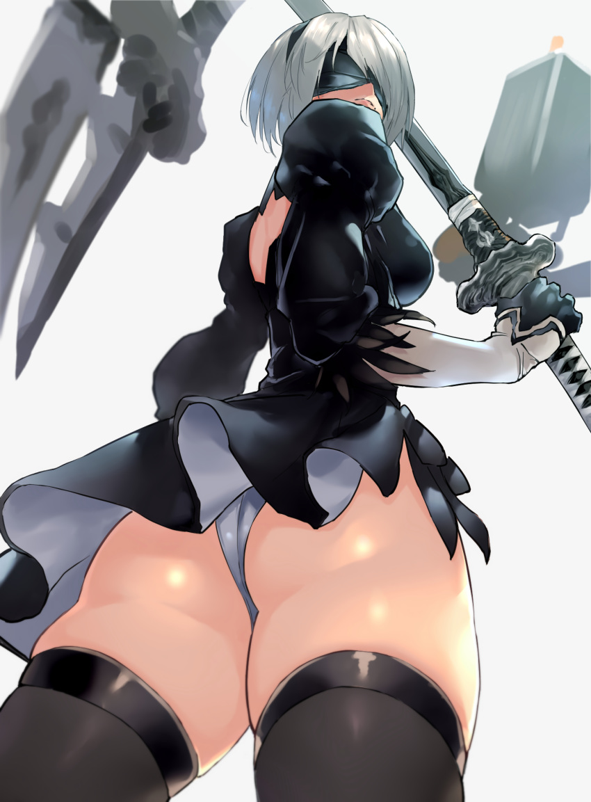 1girls ass ass_folding blindfold looking_back negresco nier nier:_automata panties pod_(nier) short_hair solo sword thick_thighs thighhighs upskirt white_hair yorha_2b