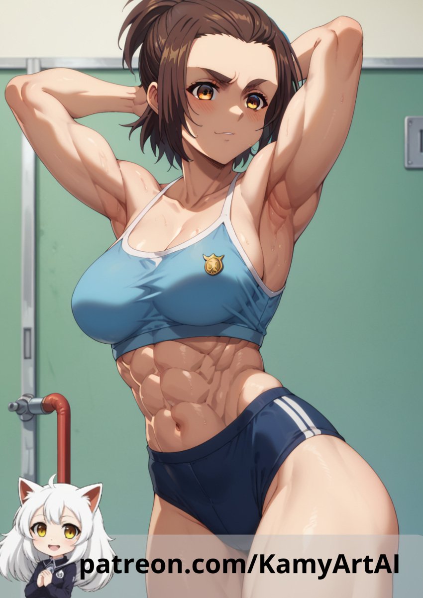 1girls abs ai_generated armpits athletic_female attack_on_titan brown_eyes brown_hair buruma chiseled chiseled_abs female female_abs fit_female gabi_braun kamyartai muscular muscular_abs muscular_female patreon patreon_username sculpted_abs sexy_armpits shingeki_no_kyojin solo_female thighs tied_hair toned_female