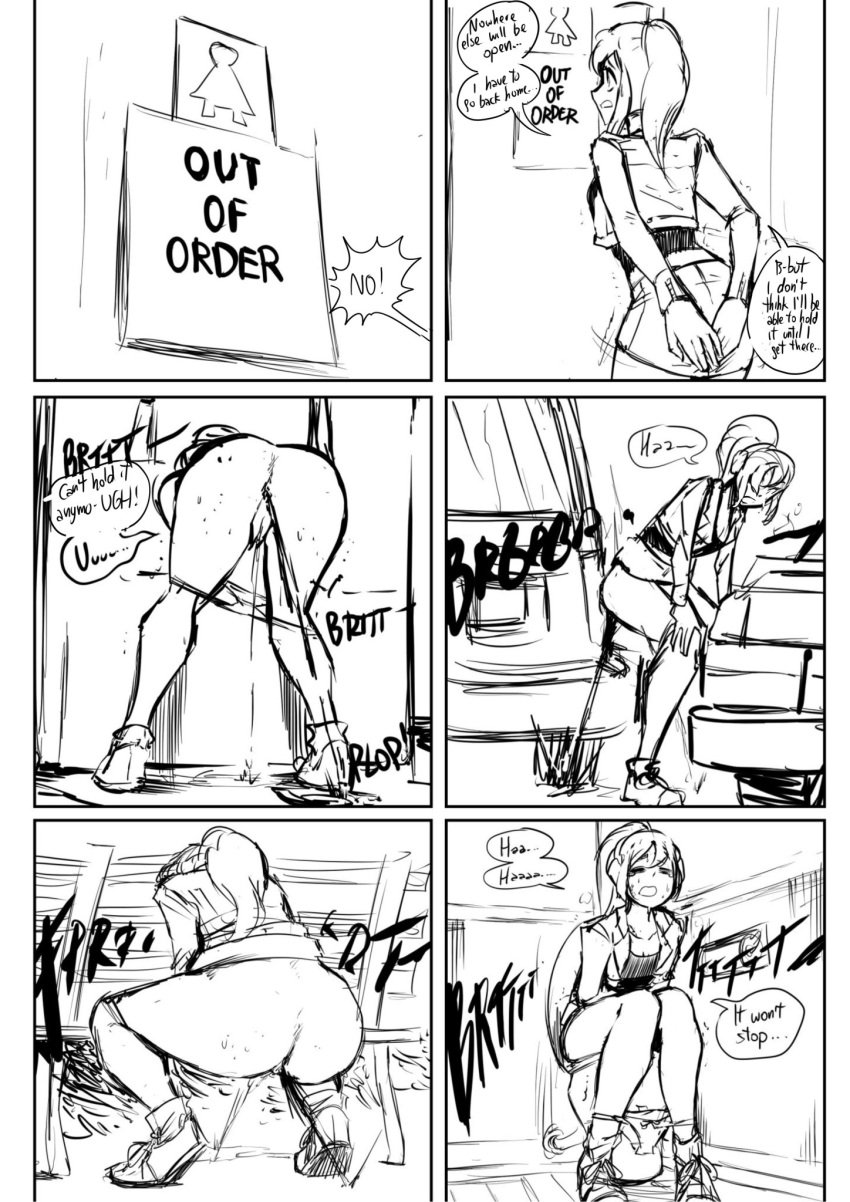 anna_(biku) biku black_and_white car comic couldn't_hold_it desperation diarrhea jacket panties_down park_bench ponytail pooping_on_floor pooping_outside scat shitting shitting_on_floor shitting_outside sketch skirt skirt_lift toilet toilet_use upset_stomach