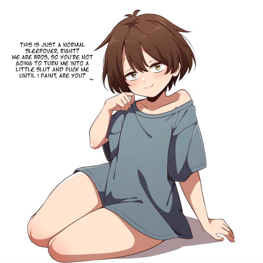 1boy adorable ai_generated blush blushing_male boy brown_hair cute cute_boy cute_face femboy friend friends gay girly lewd looking_at_viewer male messy_hair oc original original_character oversized_clothes oversized_shirt short sleepover smesh_(artist) smile smiling smiling_at_viewer thick_thighs thighs wide_hips