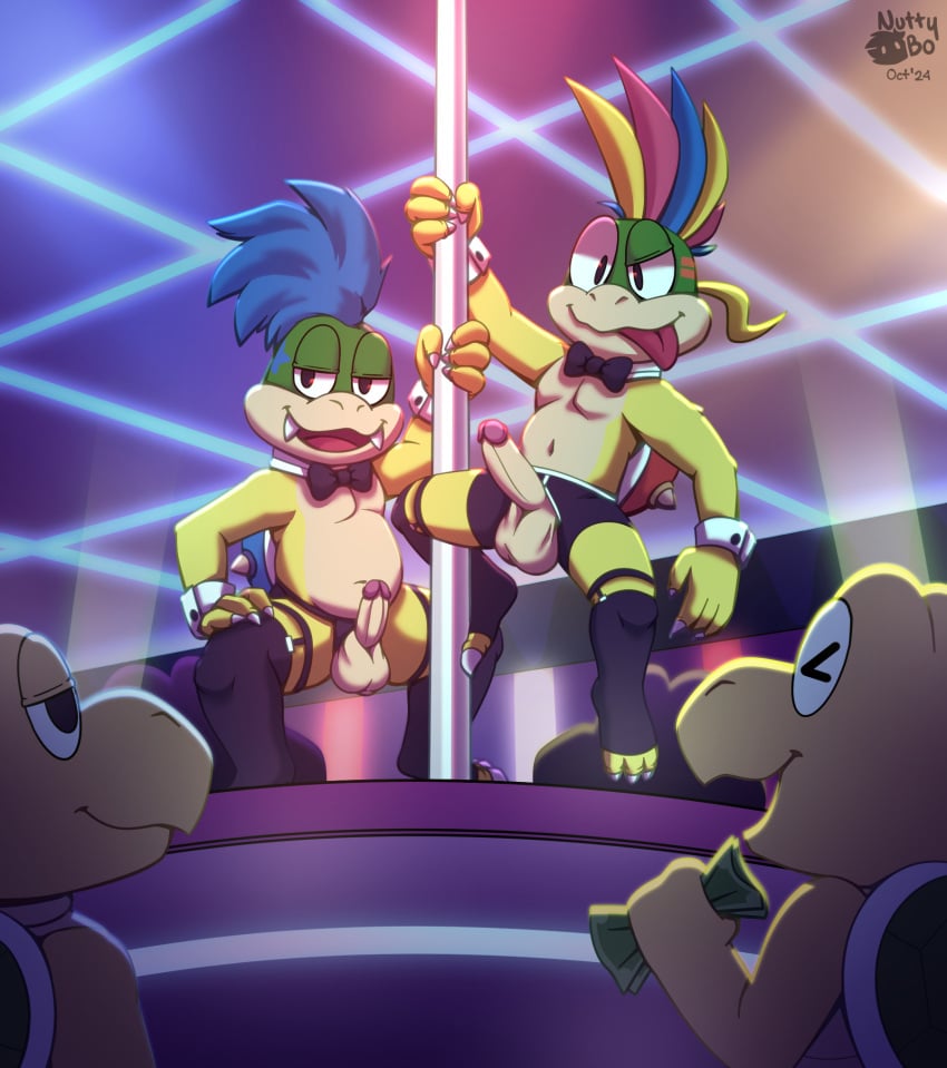 4boys balls blue_hair boxer_briefs clothed clothing dancing erection genitals hair hi_res humanoid_genitalia humanoid_penis koopa koopa_troopa koopaling larry_koopa lemmy_koopa male mario_(series) money nintendo nutty_bo penis pole pole_dancing reptile scalie shell smile spikes stripper stripper_pole thong underwear