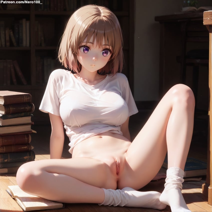 1girls 2d ai_generated alicia_edelcia areolae armpit bare_arms bare_legs bare_shoulders belly big_breasts black_hair bottomless chest curvy curvy_figure cute cute_face detailed eyelashes eyeshadow female female_only fit fit_female focus grey_hair hair high_quality isekai_ojisan large_breasts legs library light-skinned_female light_brown_hair light_skin lips lipstick looking_at_viewer makeup mascara naked nero100 nude_female pale-skinned_female pale_skin perky_breasts petite petite_body posing purple_eyes pussy seductive seductive_look short_sleeves sitting spread_legs stable_diffusion t-shirt tagme thighs thin_waist vagina