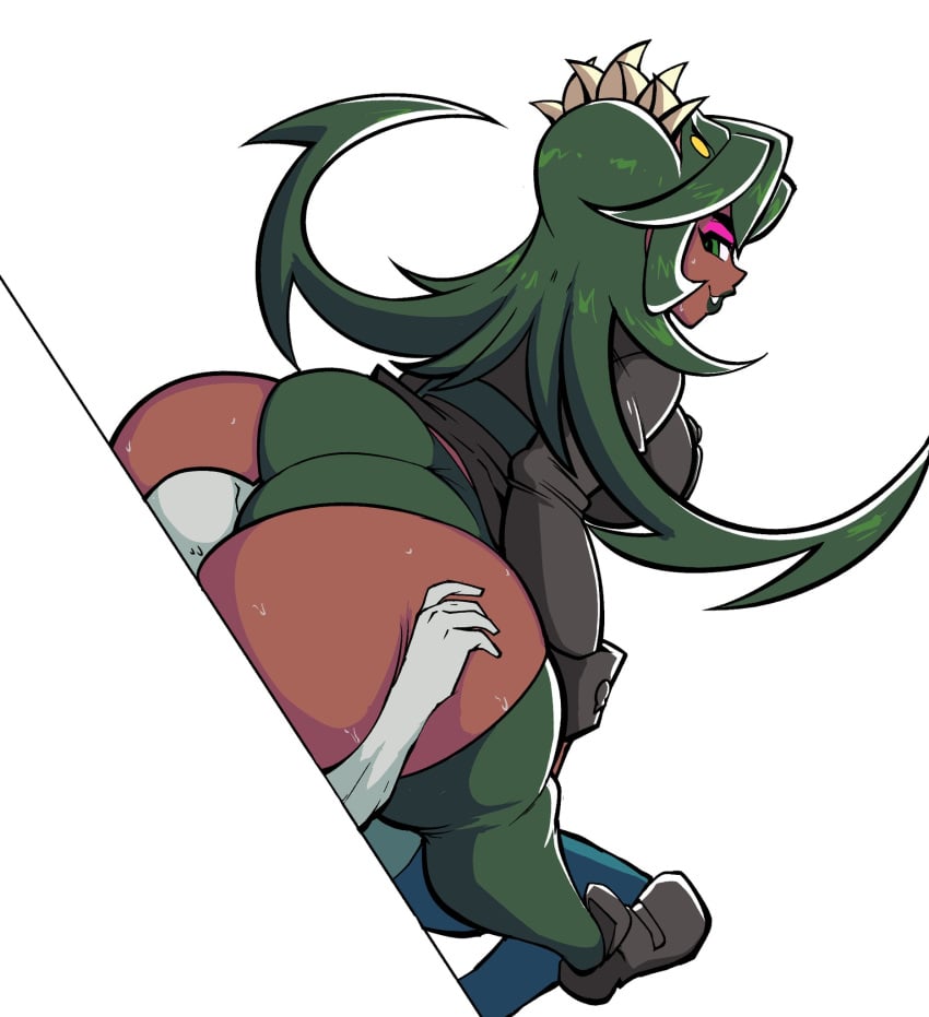 ass big_ass big_breasts dark-skinned_female dark_skin fukua_(skullgirls) gerard_burn green_eyes green_hair official_edit panties shamone_(skullgirls) skullgirls thick_thighs thighhighs