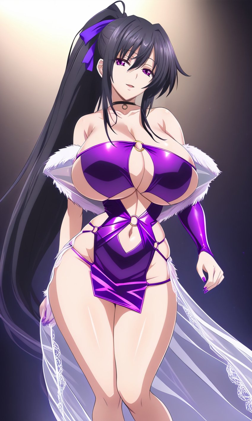 ai_generated akeno_himejima black_hair breasts dress high_school_dxd naughty_face outcyli731 purple_dress purple_eyes sideboob slutty_clothing stable_diffusion underboob