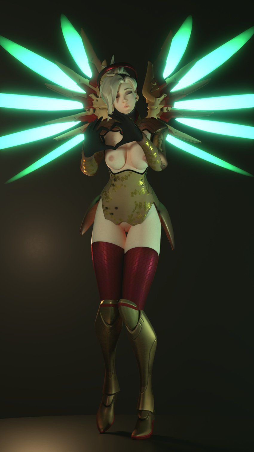 3d breasts bruh-sfm closed_eyes exposed_breasts exposed_pussy flying_kiss fortune_mercy heart mercy nipples overwatch pouting pussy