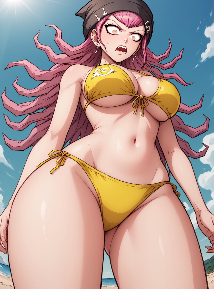 ai_generated beach big_breasts bikini cleavage danganronpa danganronpa_2:_goodbye_despair gender_transformation genderswap_(mtf) hair large_breasts long n.c.b_ai rule_63 rule_63 souda_kazuichi stable_diffusion surprised voluptuous