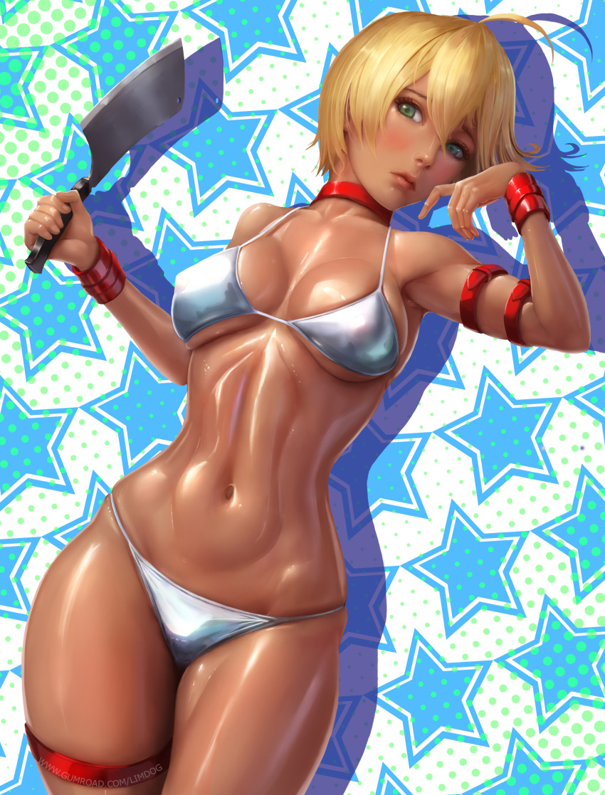 bikini blonde_hair breasts dark-skinned_female dark_skin green_eyes hatchet high_resolution highres limgae looking_at_viewer mito_ikumi shokugeki_no_souma