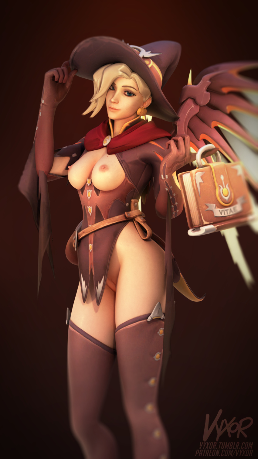 3d book bottomless breasts casual_exposure chestless exposed_breasts exposed_pussy female footwear handwear headgear human looking_at_viewer mercy noles outerwear overwatch pussy vagina vyxor witch_hat witch_mercy