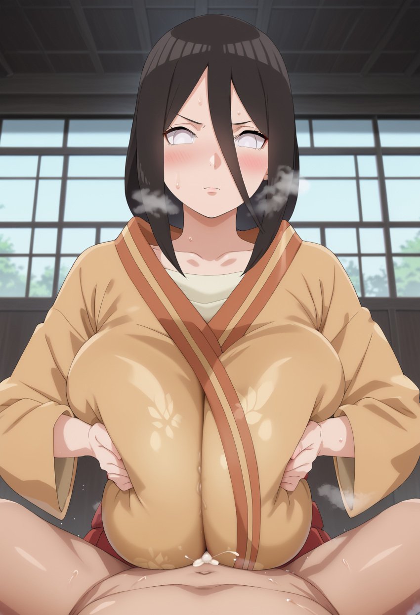 1boy 1girls ai_generated big_breasts blush blush_lines boruto:_naruto_next_generations breast_focus breast_grab breast_press breast_squeeze breasts brown_hair dark_hair embarrassed female grabbing_own_breast huge_breasts hyuuga_hanabi japanese_house kimono large_breasts light-skinned_female light-skinned_male light_skin lilac_eyes long_hair mak5555 male male/female nai_diffusion naruto naruto_(series) nipples oppai outercourse paizuri paizuri_lead_by_female paizuri_on_lap purple_eyes stable_diffusion steam steaming_body titjob top_heavy_breasts violet_eyes voluptuous voluptuous_female yellow_clothing yellow_kimono