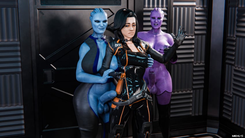 2futas 3d 4k alien alien_girl asari asari_futanari blue_skin clothing dark_hair female female_focus futa_on_female futadom futanari hi_res huge_breasts light_skin mass_effect mehlabs miranda_lawson purple_skin voluptuous