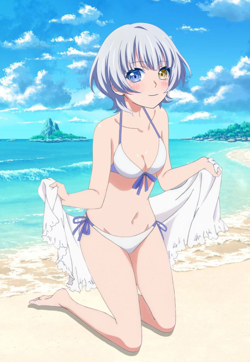 bang_dream! beach bikini cleavage heterochromia kaname_raana medium_breasts on_knees short_hair string_bikini