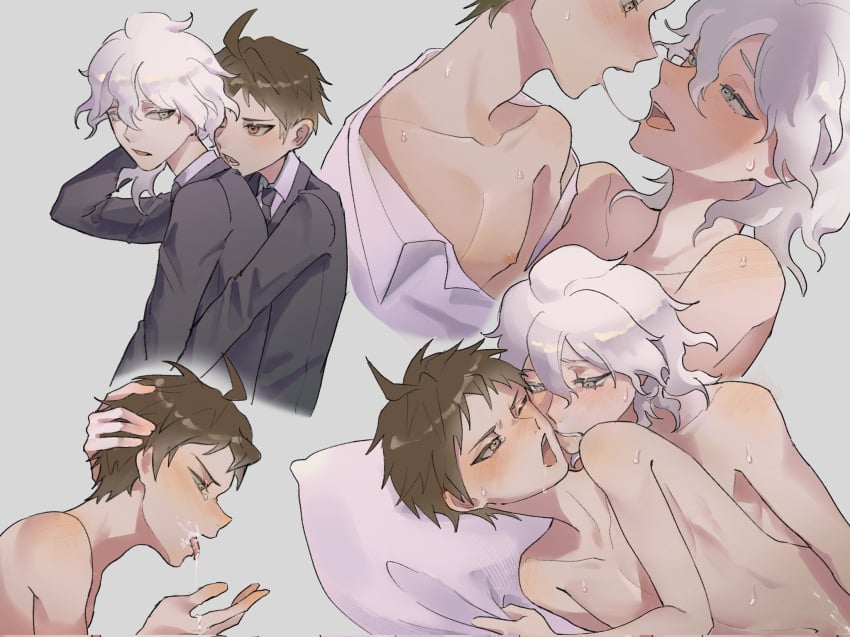 2boys after_kiss black_jacket black_necktie brown_hair collared_shirt cum cum_on_body danganronpa_(series) danganronpa_2:_goodbye_despair eye_contact facial formal_clothes grey_eyes grey_hair highres hinata_hajime implied_sex jacket looking_at_another male_focus messy_hair multiple_boys nagito_komaeda necktie nightcrawler_(night_10_18) no_visible_genitalia pillow pretty_boy saliva saliva_trail shirt short_hair skinny sweat teeth tongue tongue_out upper_teeth_only yaoi