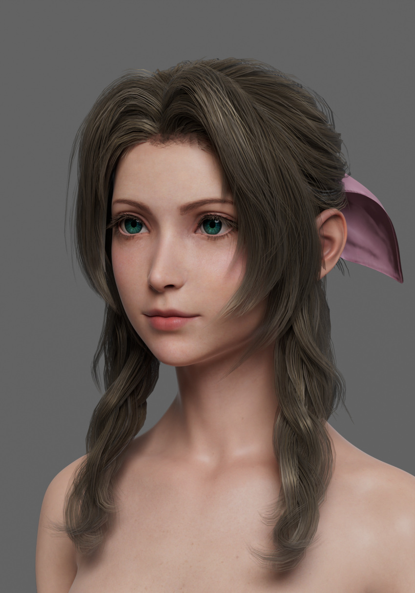 1girls 3d aerith_gainsborough billyhhyb brown_hair final_fantasy final_fantasy_vii green_eyes hair_ribbon lips topless topless_female