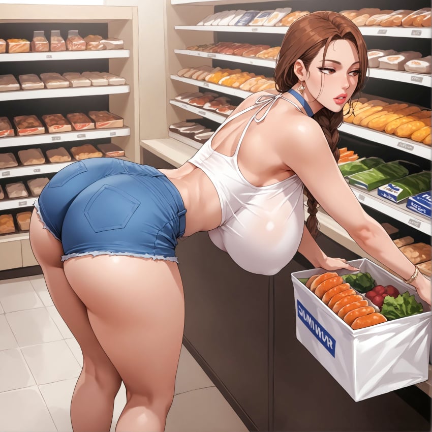 1girls ai-created ai_generated alex-schura ass bare_shoulders bent_over big_breasts blue_shorts bracelet braid braided_ponytail bread breasts brown_eyes brown_hair choker clothing crop_top curvaceous curvaceous_female curvaceous_figure curvy curvy_figure cutoffs denim denim_shorts earrings eun-ae_june_(secret_class) feet_out_of_frame female female female_focus female_only food hair_over_shoulder halterneck hanging_breasts huge_ass huge_breasts indoors inviting inviting_to_sex jewelry kitchen large_ass large_breasts long_hair looking_at_viewer looking_back mature mature_female midriff milf mole mole_under_eye parted_bangs parted_lips plump presenting presenting_ass presenting_breasts presenting_hindquarters presenting_pussy secret_class seductive seductive_look seductive_smile shirt shopping short_shorts shorts single_braid solo standing tank_top thick_thighs thighs tied_hair tile_floor tile_wall tiles vegetable voluptuous voluptuous_female white_tank_top wide_hips