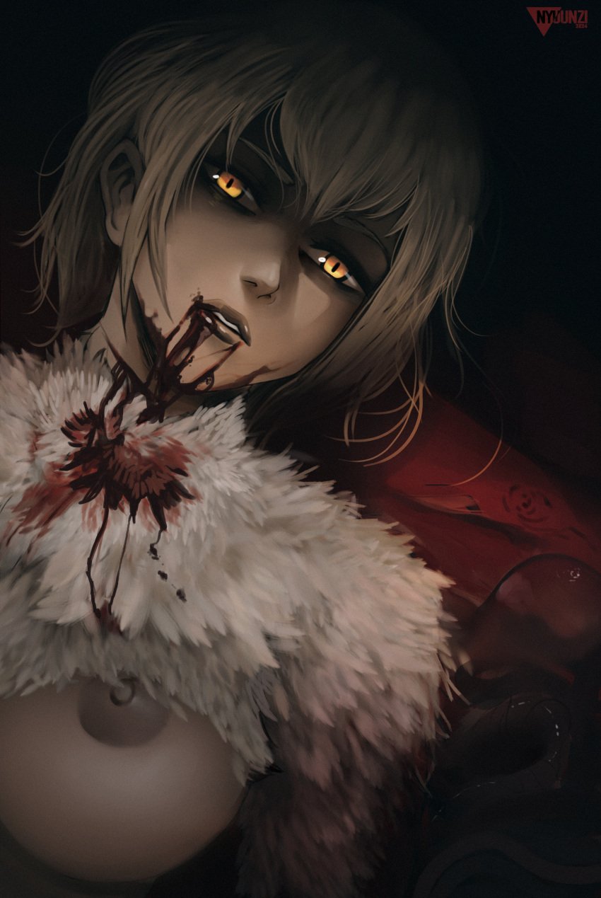 1girls alternate_version_available blonde_female blonde_hair blood blood_on_face delicious_in_dungeon dragon dragon_tail dungeon_meshi falin_touden feathers female glowing_eyes nipples nyuunzi short_hair tagme_(character) tits_out white_hair yellow_eyes