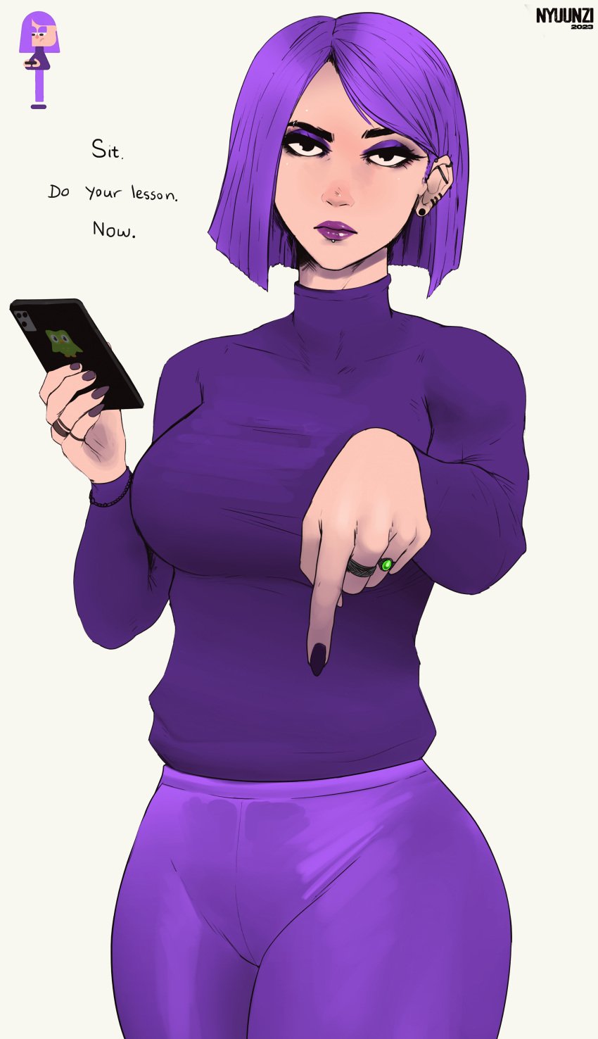 1girls clothed clothed_female_nude_male duolingo emo female female_focus female_only front_view large_breasts lily_(duolingo) looking_at_viewer nyuunzi pointing_down purple_eyes purple_hair purple_makeup ring sensual