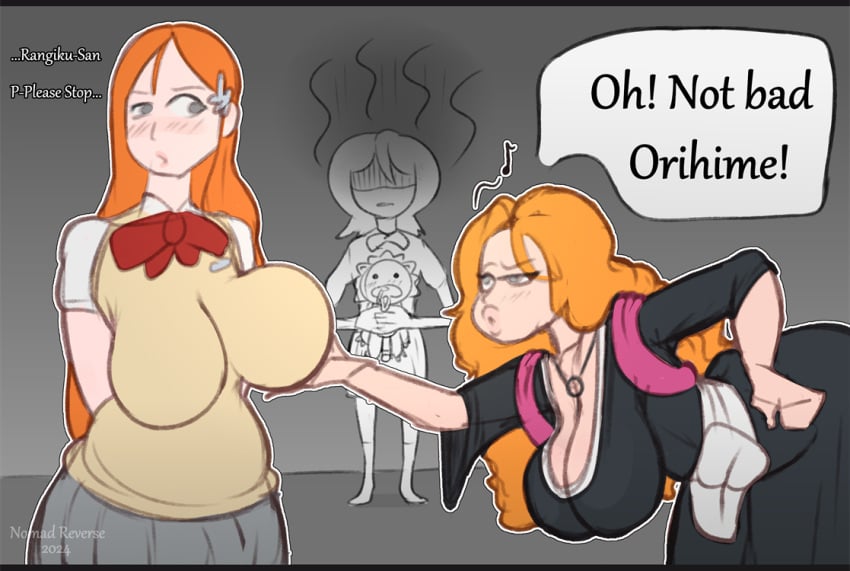 2020s 2024 2d 2d_(artwork) 2girls background_characters big_breasts bleach breast_envy busty colored dialogue english_text female female_focus grabbing_breasts huge_breasts inoue_orihime kon_(bleach) kuchiki_rukia large_breasts long_hair matsumoto_rangiku nomad_reverse orange_hair penis self_upload sketch speech_bubble