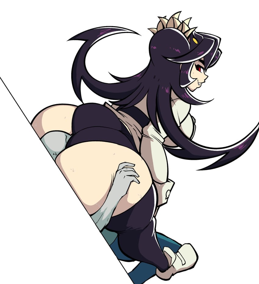 1boy 1girls ass ass_on_face big_ass big_breasts black_hair clothed face_in_ass facesitting filia_(skullgirls) gerard_burn looking_back red_eyes samson_(skullgirls) skullgirls