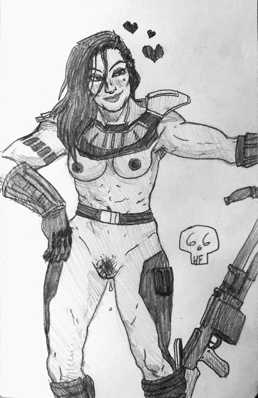 1girls abs armor beauty_mark biceps boots cara_dune female female_only gina_carano gloves gun hellfucker666 knife muscular_female rifle sketch smile solo star_wars the_mandalorian thick_thighs toned