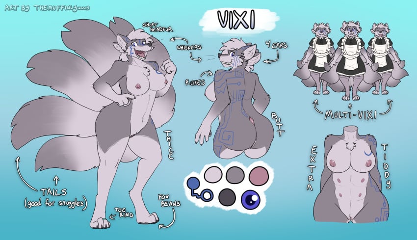 4_toes 9_tails anthro big_breasts breasts digit_ring duplication english_text feet female genitals hi_res jewelry model_sheet multi_breast multi_tail nipples pussy ring runes slightly_chubby solo tail text themuffinly toe_ring toes vixi_argorrok wide_hips