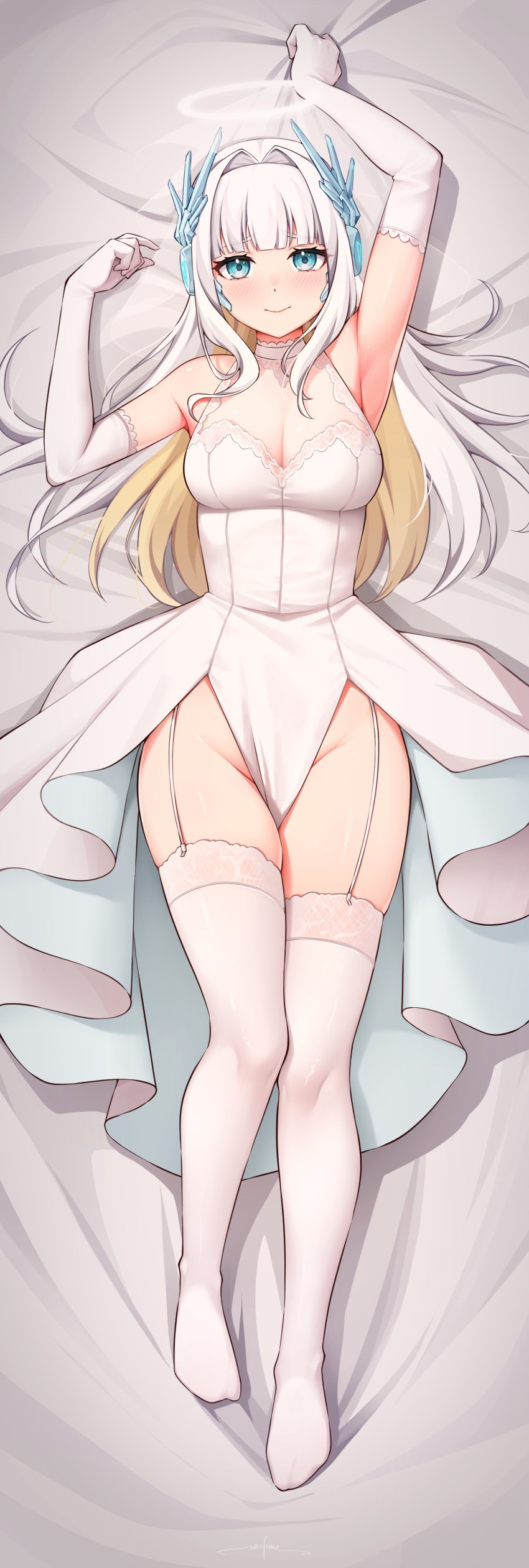 1girls 2d 2d_(artwork) alternate_costume bed bedroom blush dakimakura eru_nabura female female_focus female_only front_view full_body grey_hair high_resolution highres indie_virtual_youtuber indoors latam_virtual_youtuber light-skinned_female light_skin lingerie long_gloves long_hair looking_at_viewer lying lying_on_back lying_on_bed sexy slim_girl solo solo_female solo_focus thighhighs tight_clothing two_tone_hair unsfrau virtual_youtuber vtuber vtuberfanart wedding_dress wedding_gloves wedding_lingerie white_gloves white_hair white_thighhighs yellow_hair young younger_female