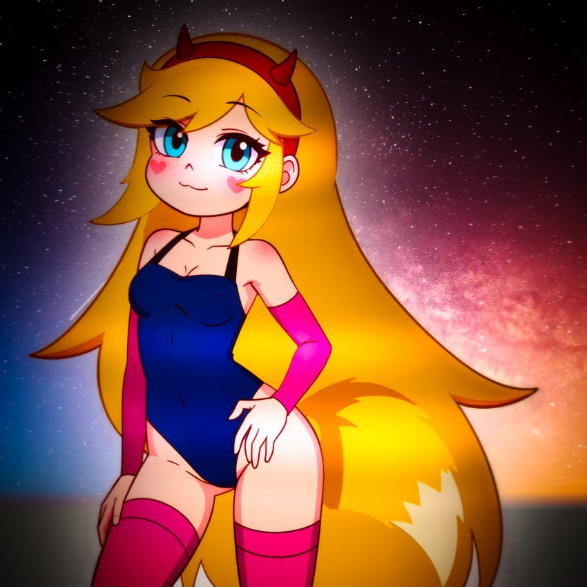 ai_generated blonde_hair blue_eyes blue_leotard crossover fake_horn fox_tail heart meikerai3d senko_(sewayaki_kitsune_no_senko-san) smile star_butterfly star_vs_the_forces_of_evil