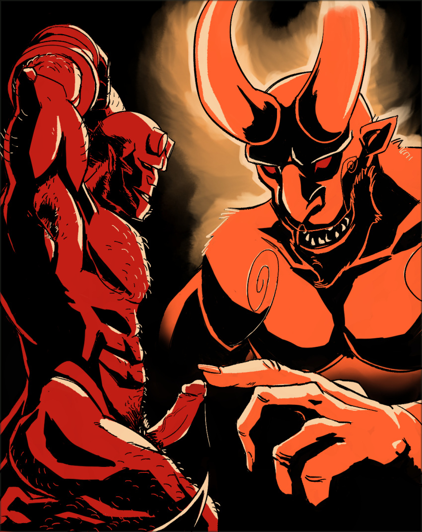 armpit_hair arms_tied beard bodily_fluids body_hair boner bound charcoal_inpachi chest_hair demon duo erection facial_hair genital_fluids hairy hellboy hellboy_(series) hi_res horn humanoid male male/male male_only muscular nude precum pubes size_difference